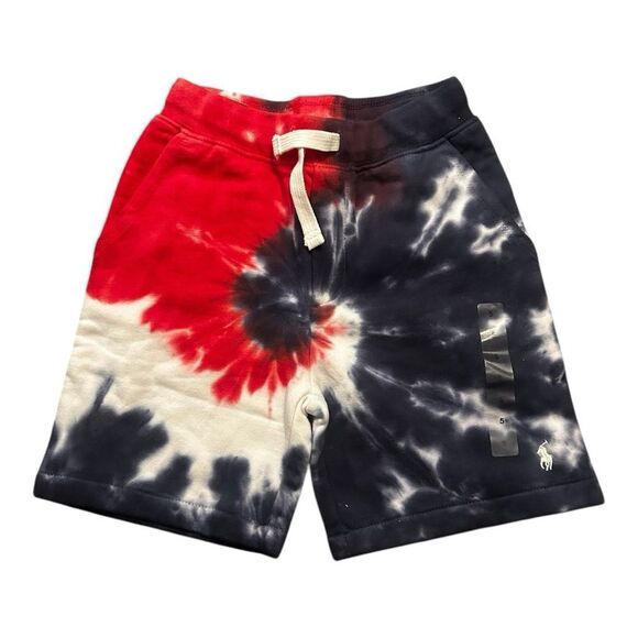 NEW! POLO RALPH LAUREN SWEAT SHORTS BLUE WHITE RED TIE DYE -PONY USA - Picture 1 of 4